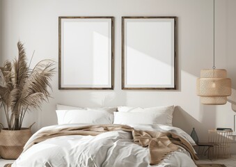 A contemporary modern minimalist bedroom featuring blank frames combined with inviting natural elements for decor