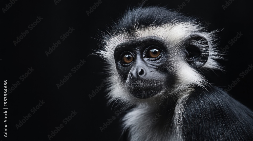 Wall mural Close-up Portrait of a Young Black and White Colobus Monkey