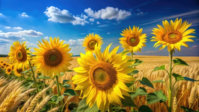 Vibrant yellow sunflowers sway in the breeze against a clear blue sky near a wheat kernel field in rural Ukraine, symbolizing peace and prosperity.