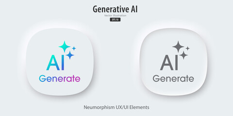 Modern AI generative button. AI is entered by a command prompt to generate ideas. Generatepress button in trendy neumorphic style for Apps, websites, interfaces. UI UX elements. Vector illustration.