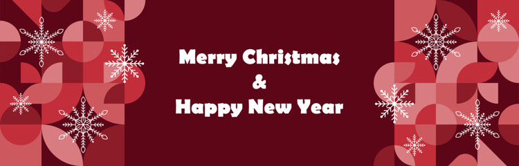 Modern abstract geometric design with Merry Christmas and Happy New Year in red colors. Template for banner, poster, greeting card. Vector illustration