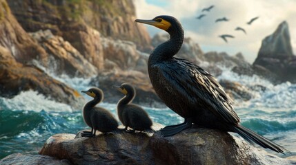 Cormorant Family on Rocky Coast