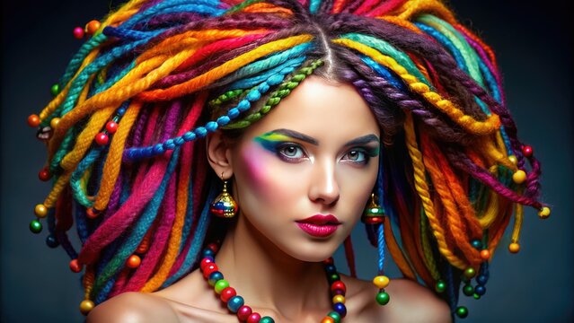 Vibrant young woman with a stunning array of colored dreadlocks styled in a majestic, twisted updo, adorned with subtle beads and playful wisps framing her face.