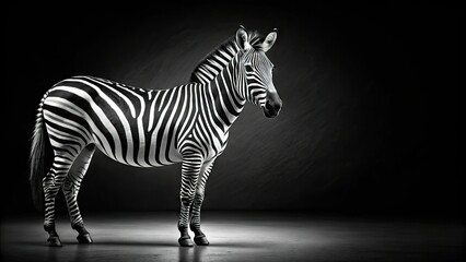 Fototapeta premium Vibrant zebra stands out against a sleek, dramatic black background, showcasing its striking white and black stripes in a bold, graphic composition.