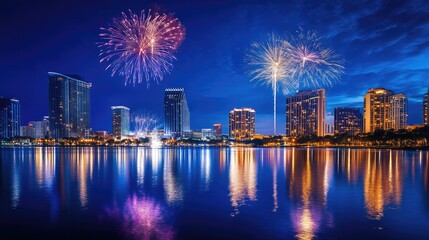 Obraz premium Dazzling Fireworks Show Above Glowing Cityscape at Night