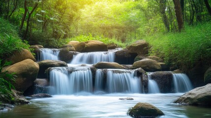 Lush Green Forest Stream Cascading Over Rocks