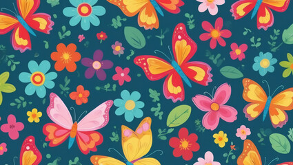 Seamless cartoon butterfly and flower pattern with bright colors for children