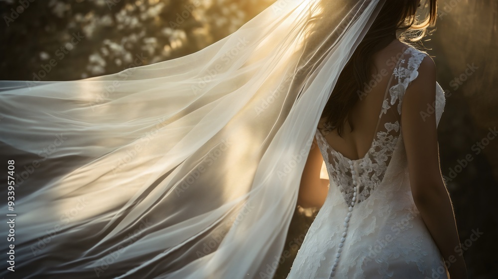 Wall mural bride in a white wedding dress posing outdoors while the wind blows her veil, nature. married woman,