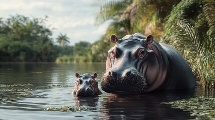 Fototapeta premium Hippopotamus Family in a Tropical River
