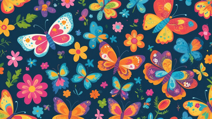 Seamless cartoon butterfly and flower pattern with bright colors for children