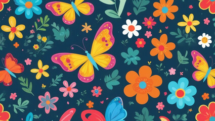 Seamless cartoon butterfly and flower pattern with bright colors for children