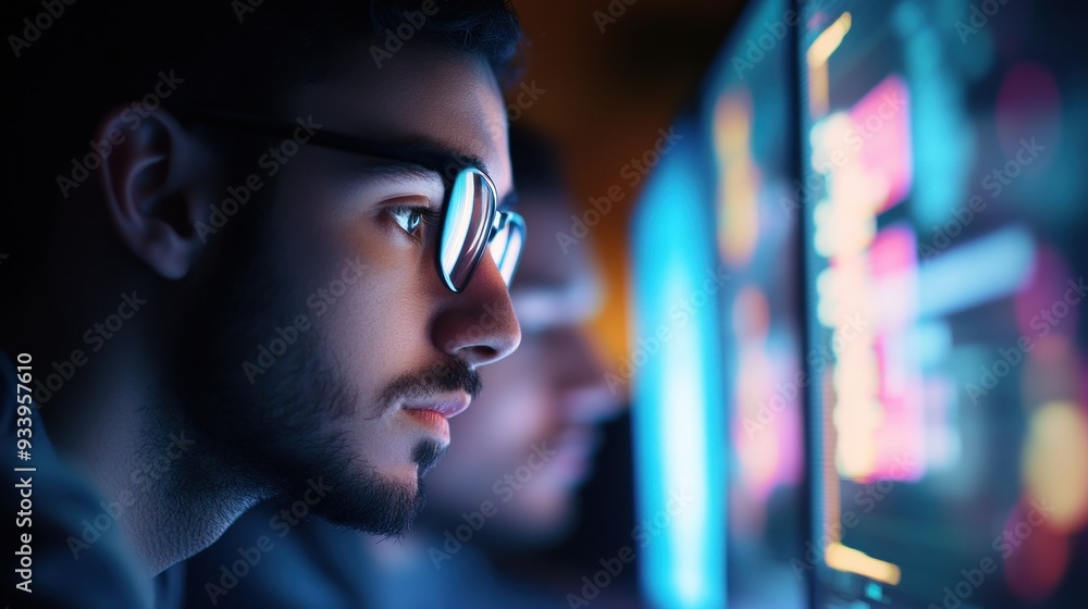 Poster Man with Glasses Looking at Computer Screen in a Dark Room