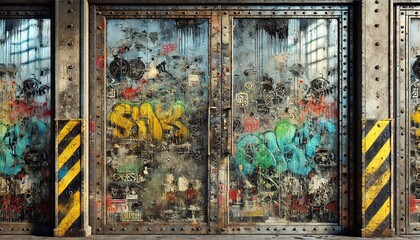 Urban Industrial Graffiti on Glass Doors in an Industrial Setting