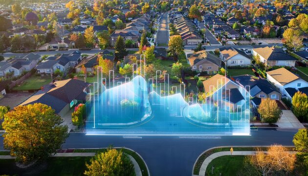 Urban Neighborhood Overlayed with Digital Real Estate Market Data Visualizations
