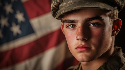 Young Soldier in Uniform with American Flag background, patriotic concept