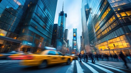 Obraz premium Dusk in the City: Yellow Taxi and Pedestrians