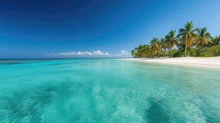 Naklejka premium Enchanting Tropical Beach with Lush Palms and Clear Water