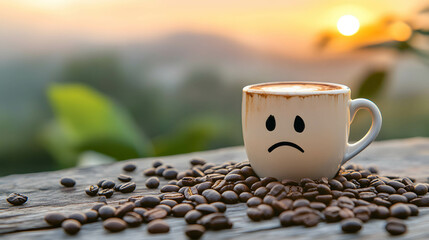 A cup of coffee with a sad face emoji on top surrounded by coffee beans representing weakness, stress, pressure from work and environment concept.