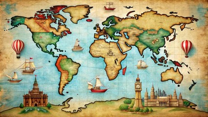 Vintage-inspired illustration of a world map with iconic landmarks and transportation modes, perfect for adventure seekers and travel enthusiasts, showcasing global exploration goals.