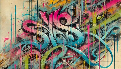 Vibrant Graffiti Street Art Texture with Bold Calligraphy and Abstract Urban Elements