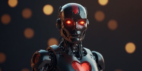 Robot With Heart Emblem on Its Chest, Symbol of Love and Technology Unity.