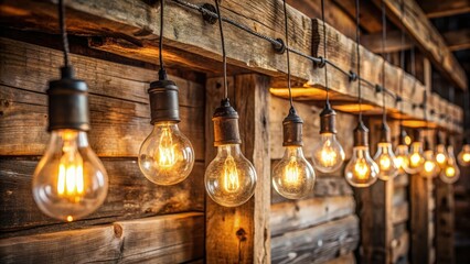 Vintage-inspired string of round light bulbs with distressed metal fixtures and warm, soft glow, suspended from a rustic wooden beam in a cozy atmosphere.
