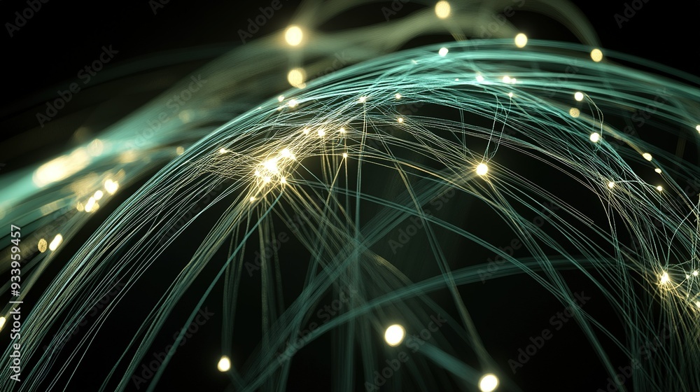 Poster an abstract representation of glowing particles interconnected by flowing lines against a dark backg