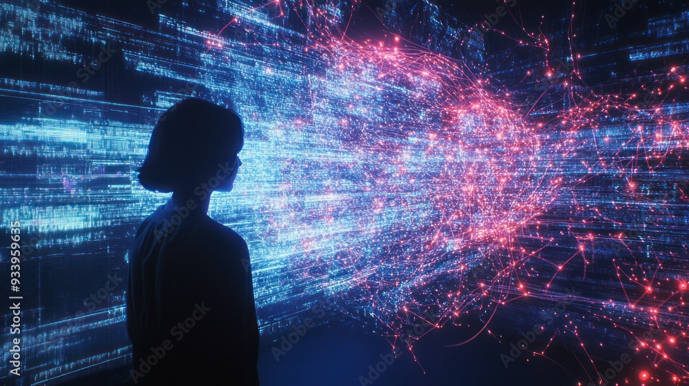Poster silhouette of a person looking at a digital network with glowing blue and red lines