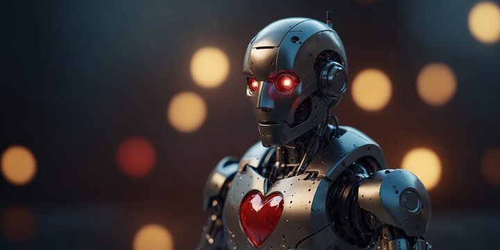 Robot With Heart Emblem on Its Chest, Symbol of Love and Technology Unity.