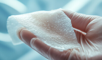 Gloved hand holding a sheet of artificial skin used in medical applications. Macro shot of synthetic biomaterial for wound healing and tissue engineering.