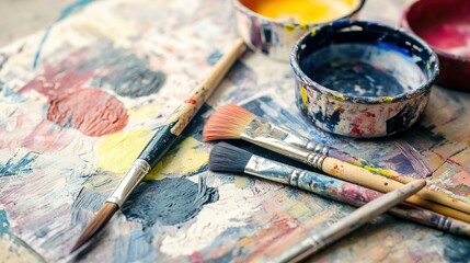 Fototapeta premium Artistic workspace featuring paintbrushes and vibrant paint colors on a worn palette, emphasizing creativity and artistic expression