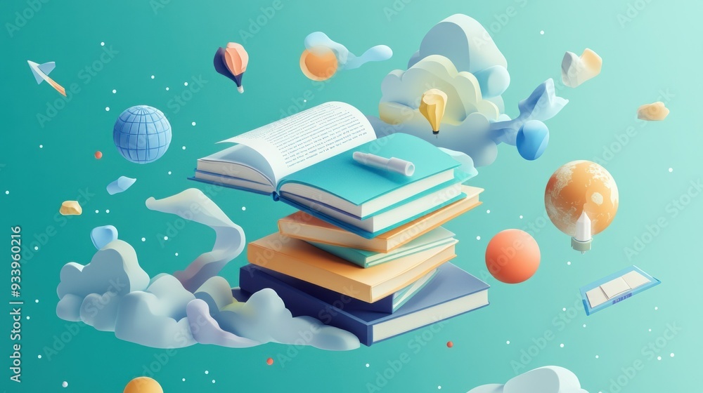 Poster a stack of books floating amongst clouds and abstract shapes