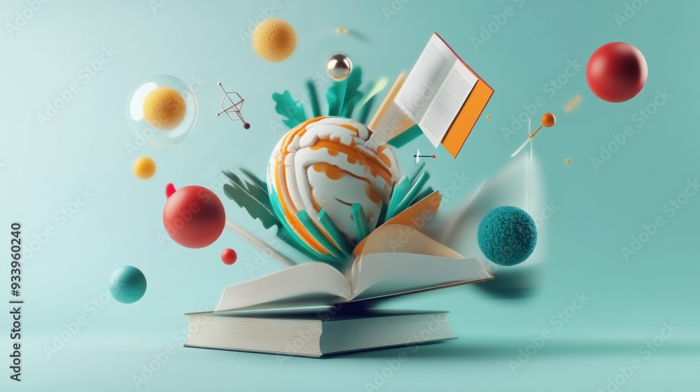 Poster open book with 3d objects and colorful balls floating