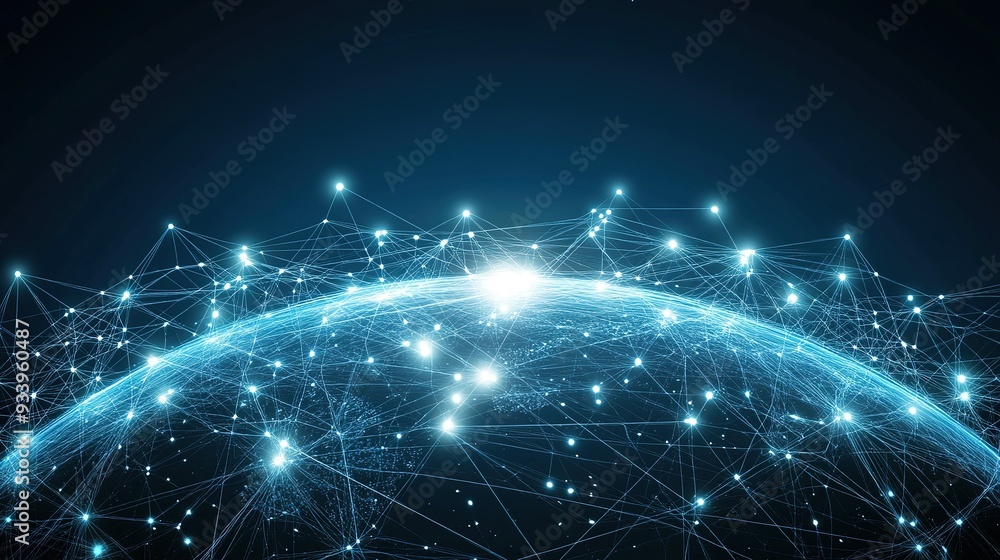 Poster a glowing representation of interconnected networks around a spherical planet, showcasing the vastne