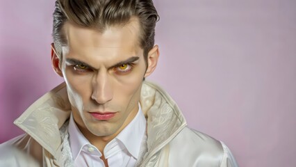Obraz premium Portrait of a man with yellow eyes wearing a white collar