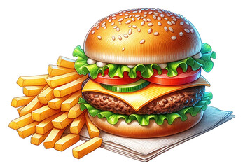 ハンバーガーとフライドポテトのセットのイラスト