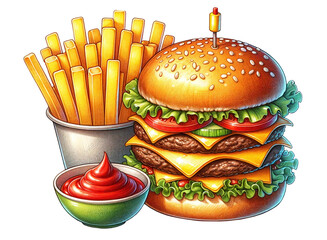 ハンバーガーとフライドポテトとケチャップのセットのイラスト