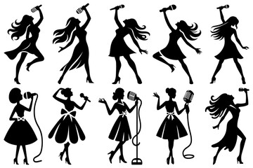 Obraz premium Stylish female silhouettes performing with microphones. singing dancing various poses sketch. collection music concerts entertainment clip art. woman showcasing style and grace for audience.