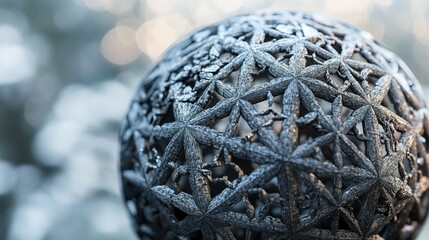 Intricate spherical sculpture adorned with delicate patterns, illuminated by soft light in an outdoor setting during early morning hours