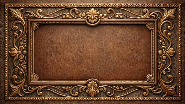 Vintage-style frame with ornate, tooled leather border surrounding a blank center, evoking nostalgia and luxury, perfect for adding classic elegance to any design.