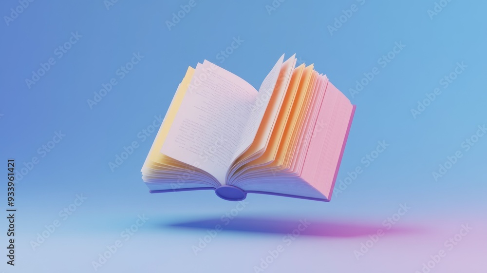 Poster Open Book with Colorful Pages Floating in Mid-Air