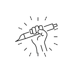 pencil in closed hand icon, creative education revolution, lightning fist, logo, thin line web symbol - editable stroke vector illustration eps10