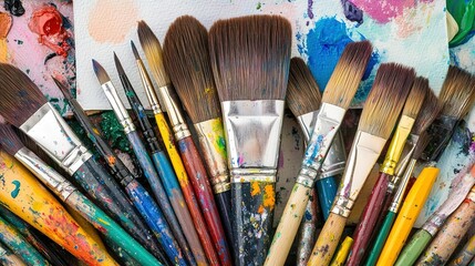 Fototapeta premium Artistic tools spread across a colorful palette in a creative workspace showcasing various paintbrushes arranged for painting activities