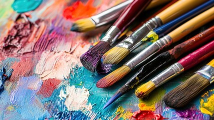 Obraz premium A collection of colorful paintbrushes resting on a vibrant artist's palette filled with bright paints in an artist's studio during the day