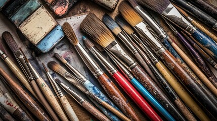 Fototapeta premium Artistic tools and paintbrushes arranged on a wooden surface, showcasing various sizes and used colors, reflecting a creative workspace late in the day