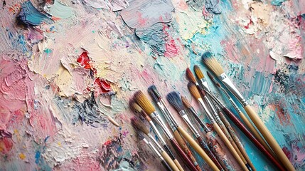 Fototapeta premium Artistic arrangement of paintbrushes on a colorful palette showcasing vibrant textures and hues in an art studio setting