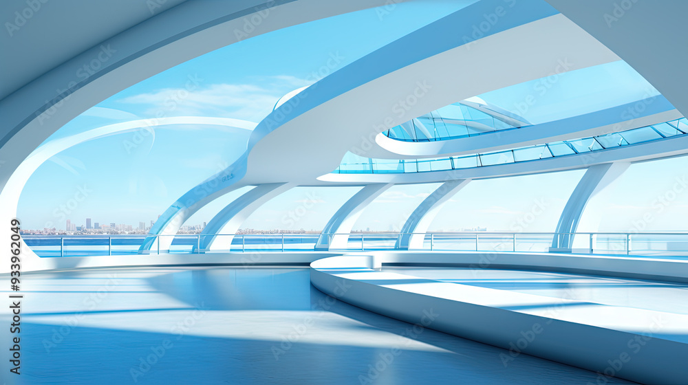 Poster Abstract architecture scene with smooth curves. Abstract background with futuristic building in white and blue colors.