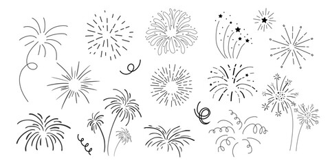 Set fireworks doodle line explosion radial sparkler with rays, hand drawn firecrackers simple and round decoration isolated on white background.
