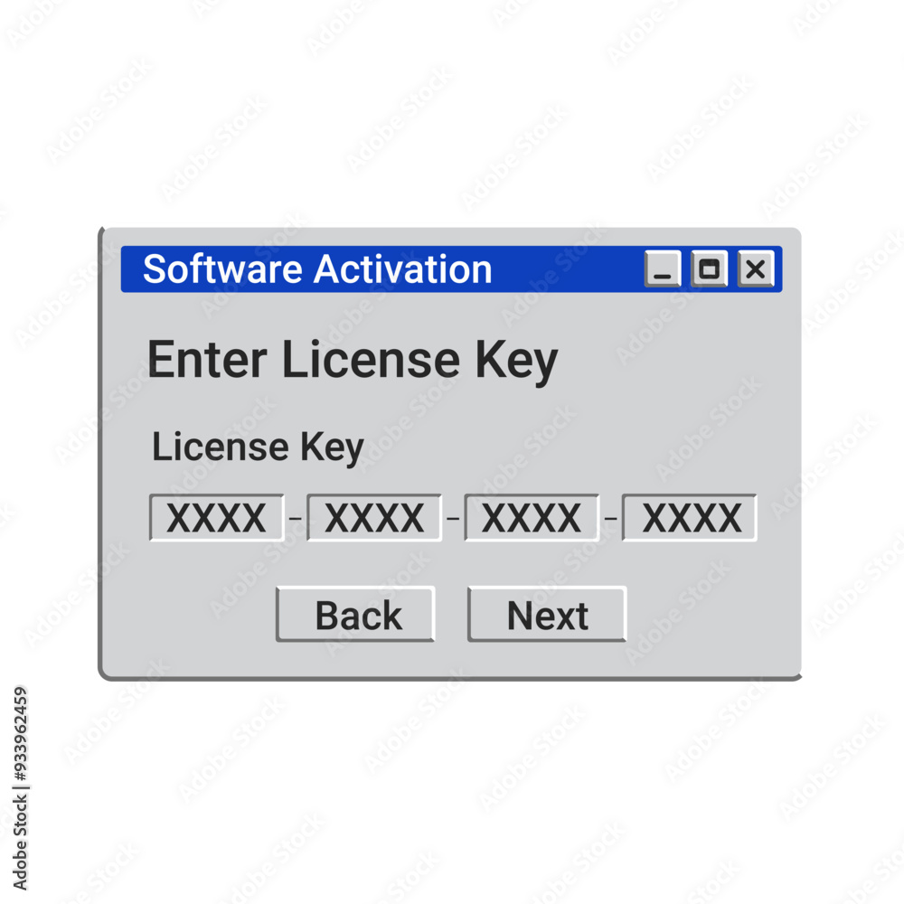 Poster old software activation message on screen. enter license key window. serial code window.
