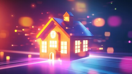 Illuminated 3D House Model with Neon Lights and Bokeh